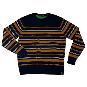 Scotch & Soda mens 2XL XXL navy blue brown stripe crewneck cotton sweater EUC